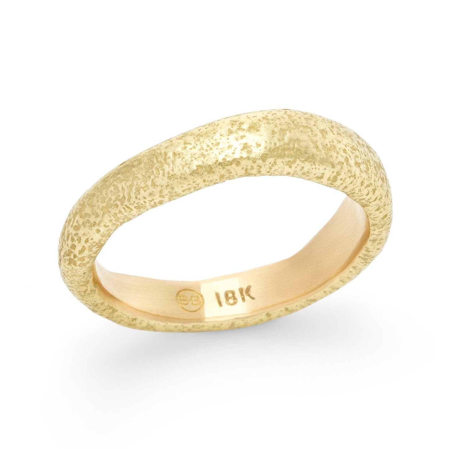 Alternate side, angled view of Narrow Molten Band in 18k yellow gold by Betsy Barron