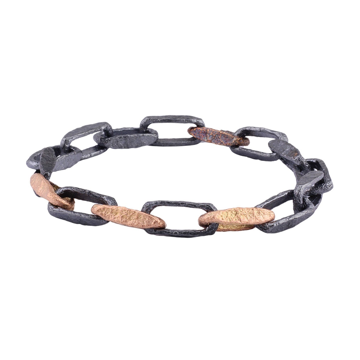 Angled view of Desmond bracelet with 12 Sterling Silver Links, 3 14k Rose Gold Links, and one 10k Yellow Gold Link, by Betsy Barron