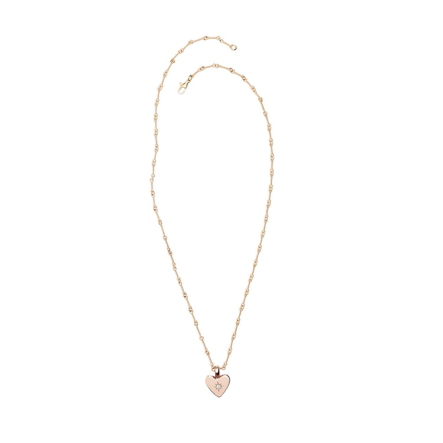 Top-down view of Small Classic Heart Necklace - Rose, with white diamond, by Betsy Barron Jewellery