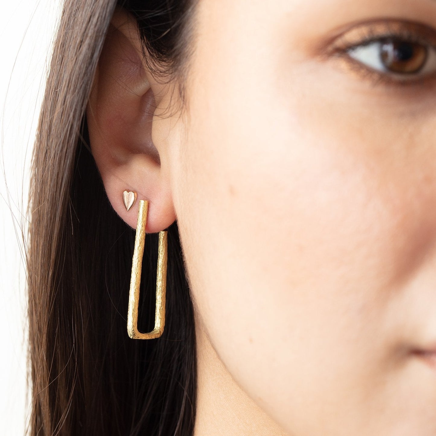 Model wearing Tallboy Hoop by Betsy Barron Jewellery in right ear