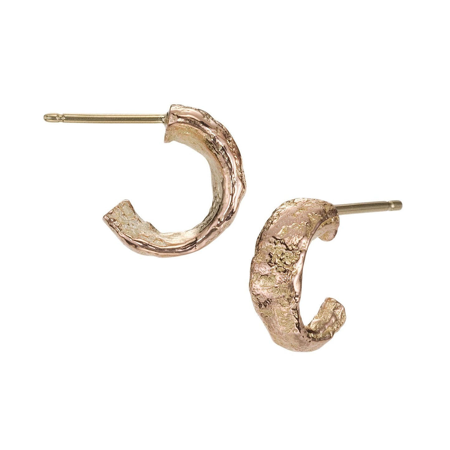 Angled view of Small Molten Hoop in 14k rose gold, by Betsy Barron Jewellery