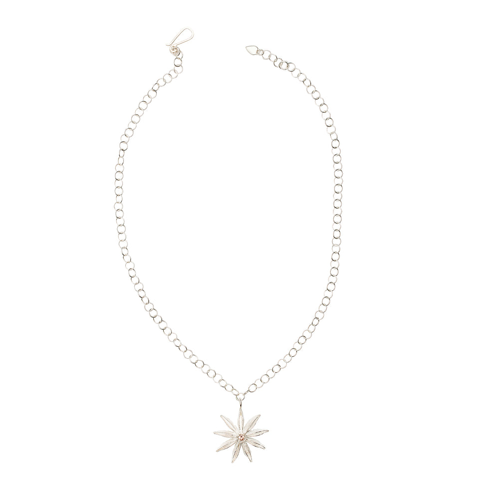 Top-down view of sterling silver Star Anise Necklace with citrine gemstone