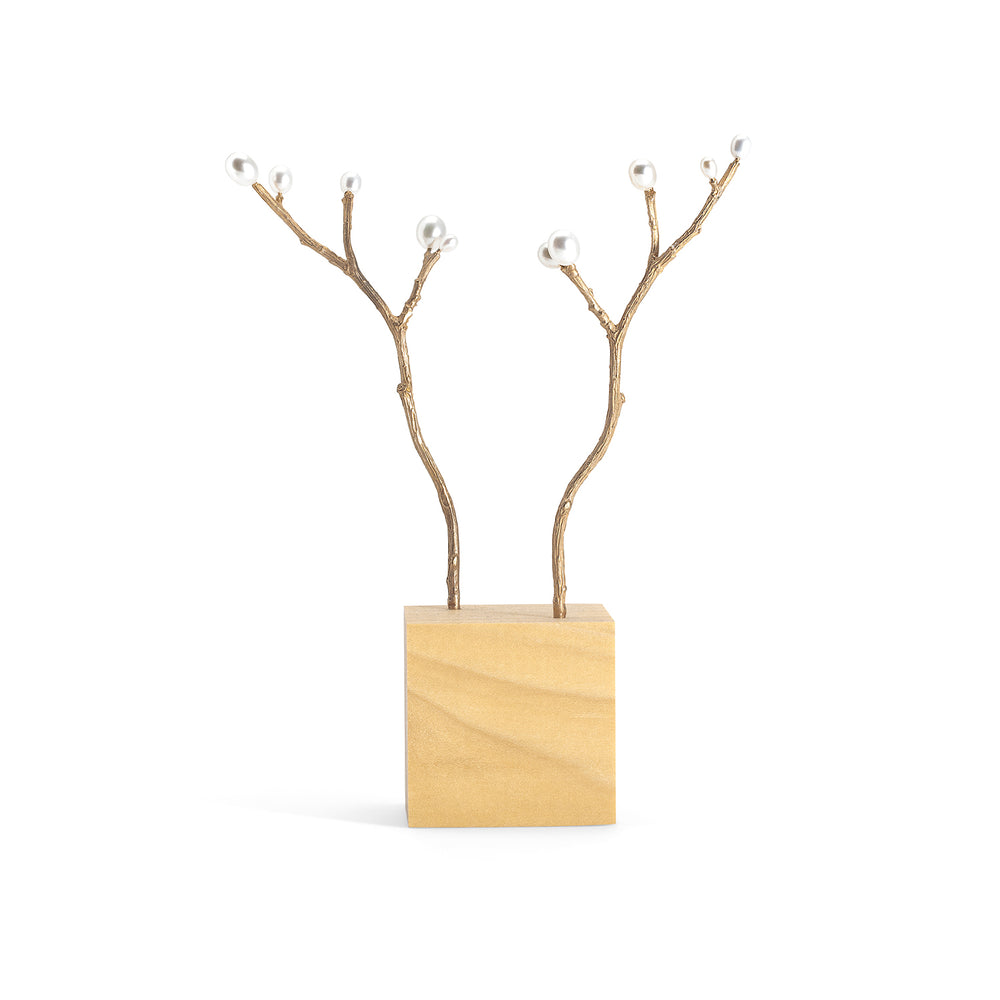 Bronze paired hairsticks w/white pearl buds, shown in wood block display