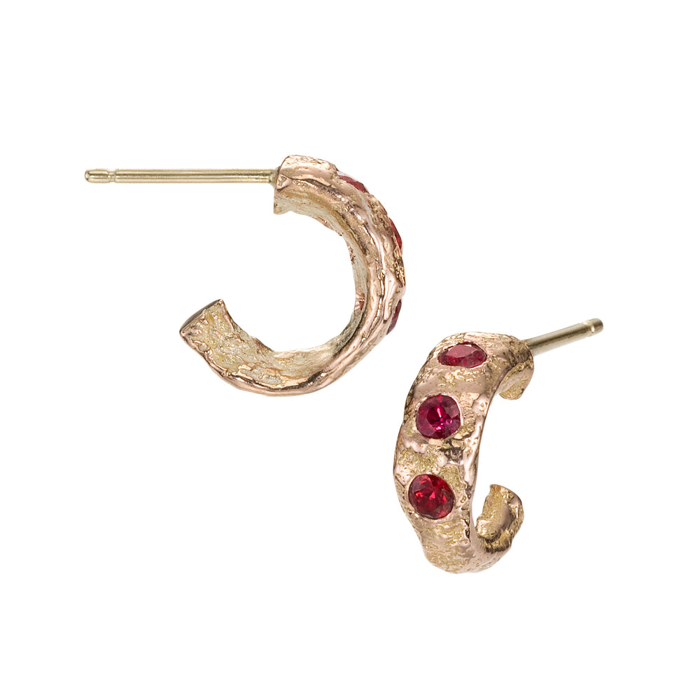 Small Molten Hoops in rose gold with rubies