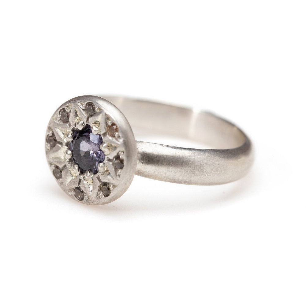 
                      
                        Ancient Flower Ring by Betsy Barron in sterling silver with chrome tourmaline.
                      
                    