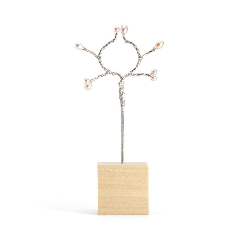 Silver double hair stick w/pink pearl plums, shown on wood block display
