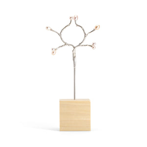 Silver double hair stick w/pink pearl plums, shown on wood block display