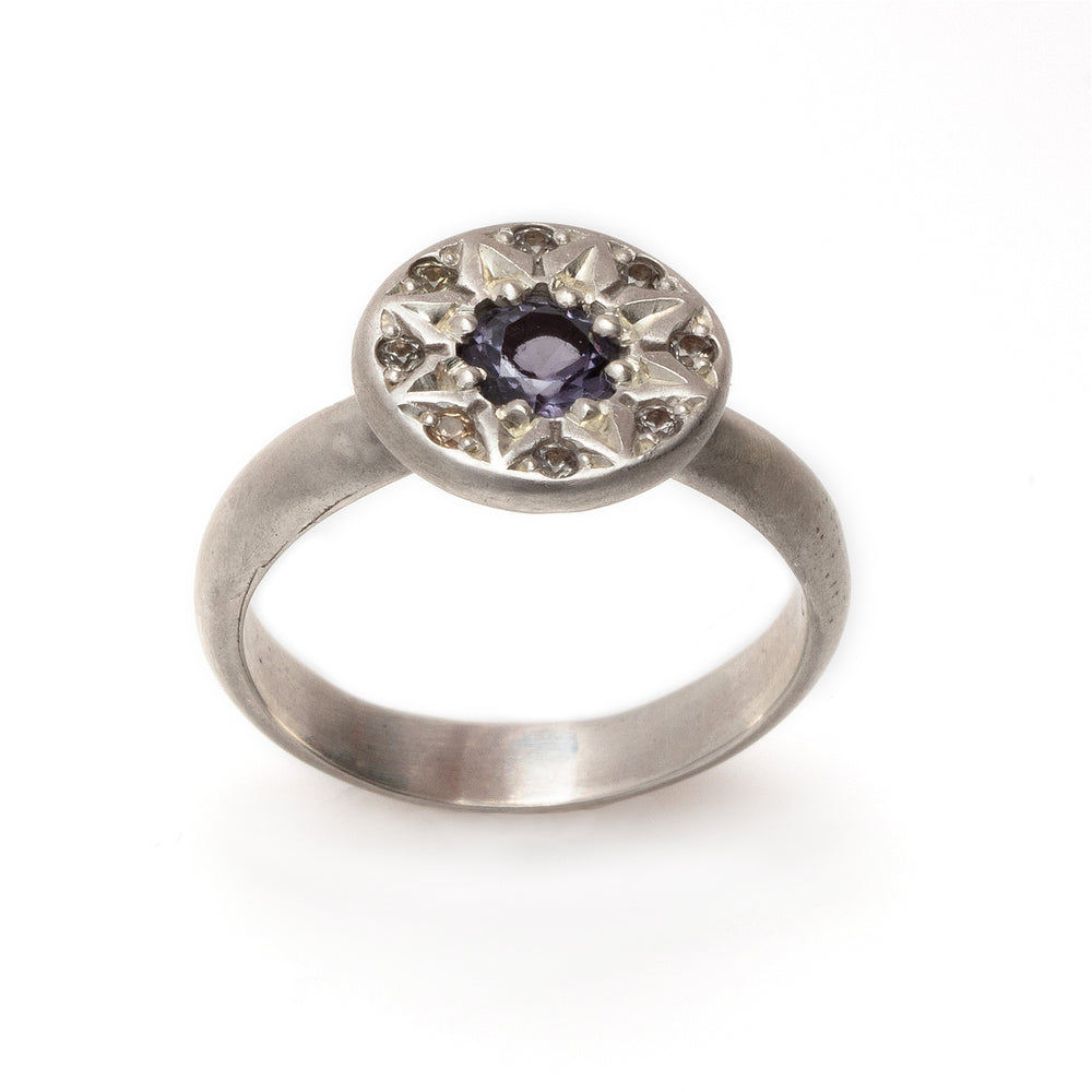 
            
                Load image into Gallery viewer, Ancient Flower Ring in Sterling Silver with Lavender Spinel and Dusty Pink Sapphires
            
        