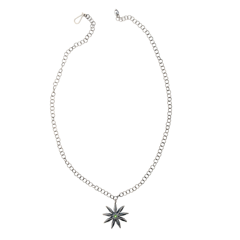 
            
                Load image into Gallery viewer, Top-down view of sterling silver Star Anise Necklace with emerald
            
        