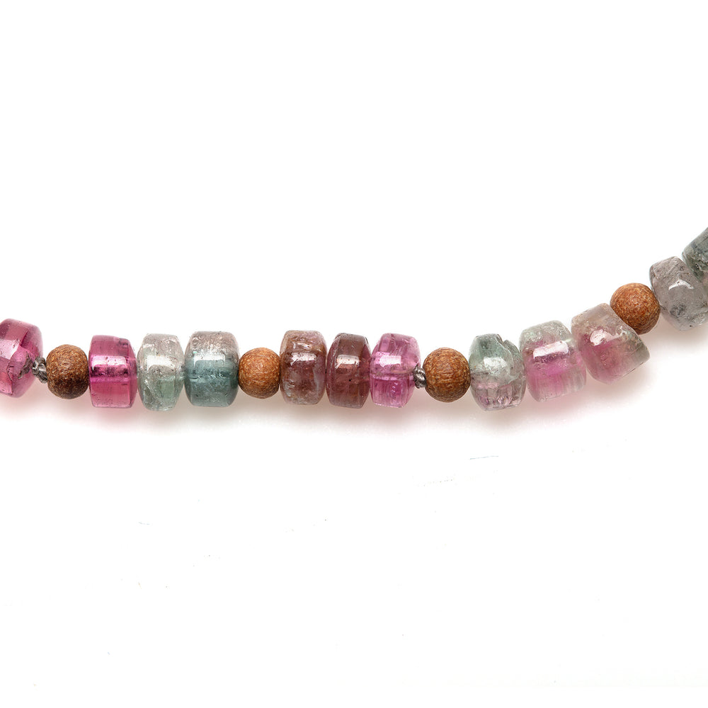 
                      
                        Detail view of Vacation Necklace with rainbow tourmaline heishi beads
                      
                    