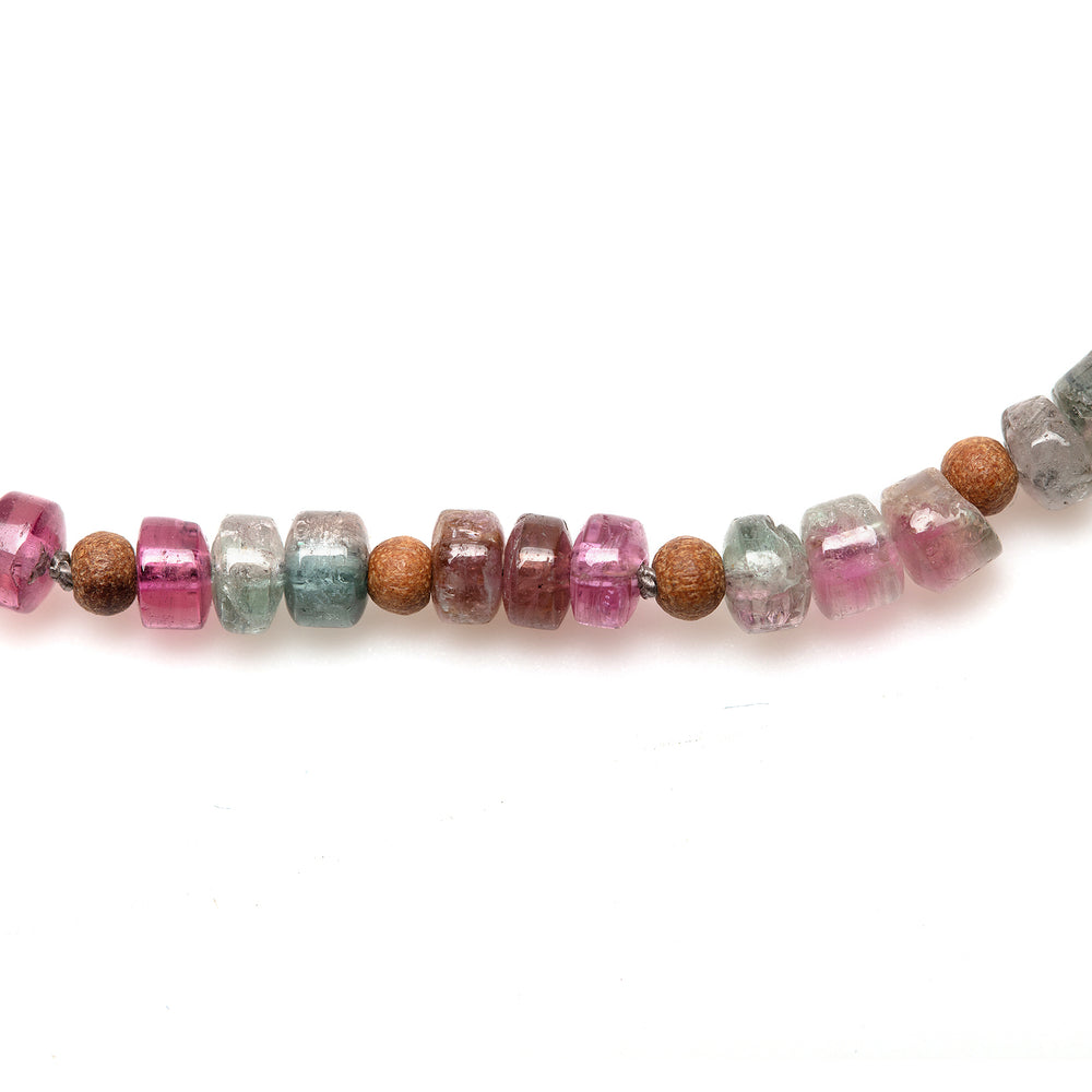 
            
                Load image into Gallery viewer, Detail view of Vacation Necklace with rainbow tourmaline heishi beads
            
        